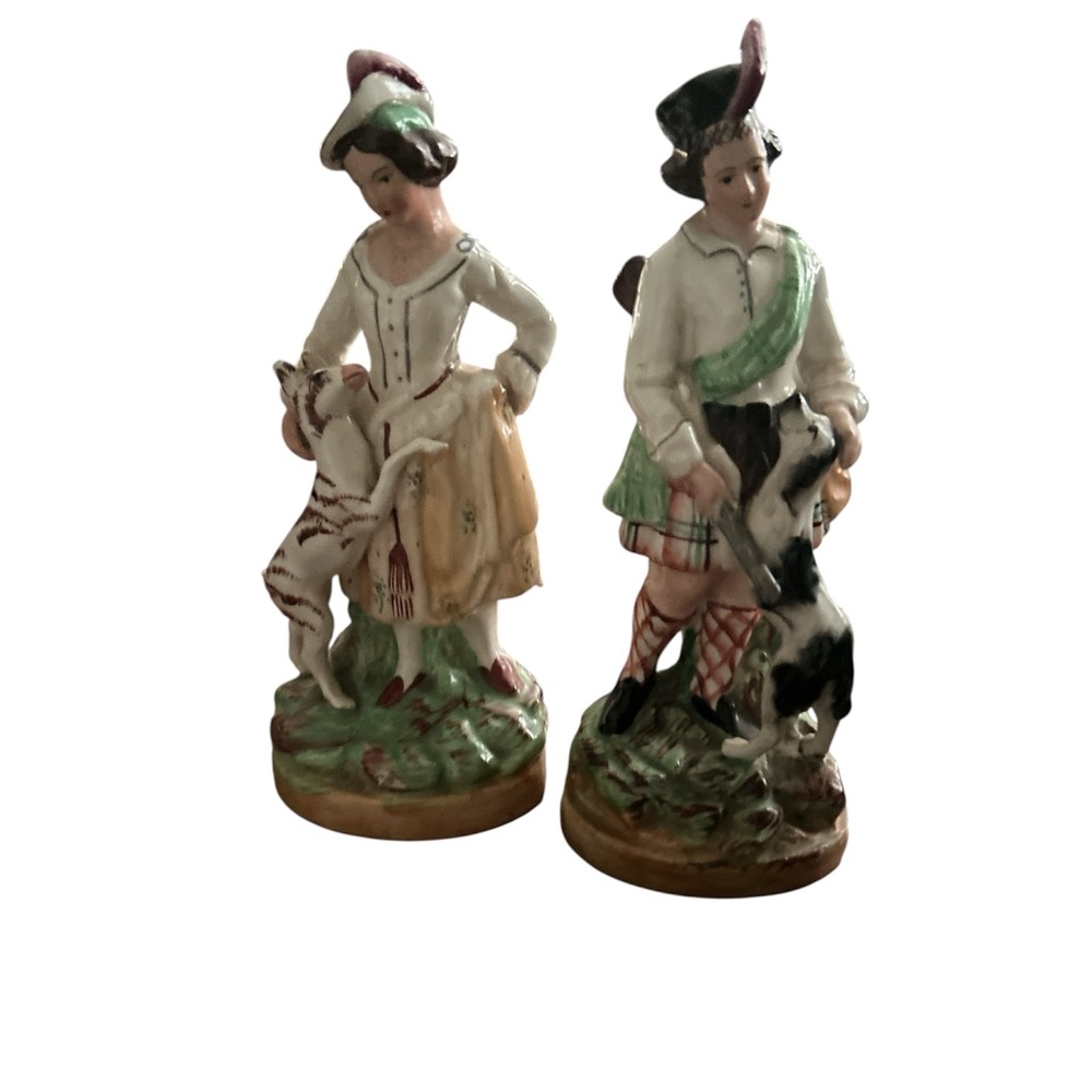 English Stafforhire-Vintage Porcelain Figurines with Green and Red Accents